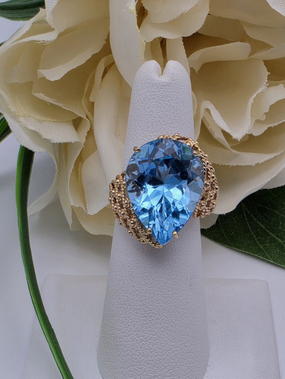 14K Yellow Gold Pear Shaped Swiss Blue Topaz Ring, approximately 21 ct Size 6.5